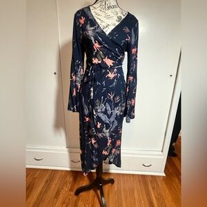 Roxy Navy Floral Wrap Dress with Coral Pink and White Accents Size Medium